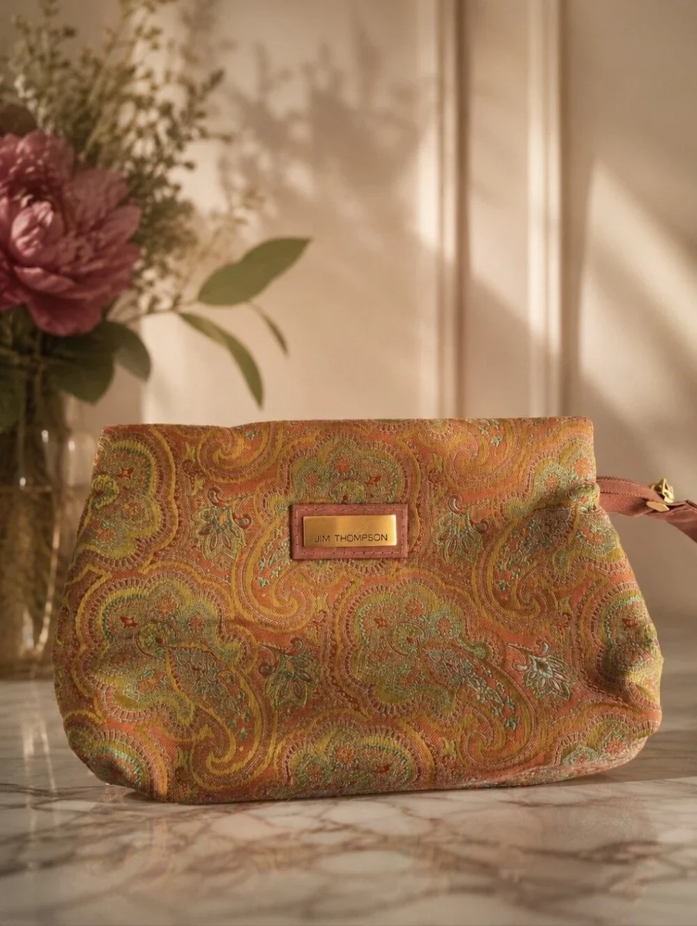 Jim Thompson Silk Orange Green Paisley Jacquard Cosmetic Bag Coin Purse